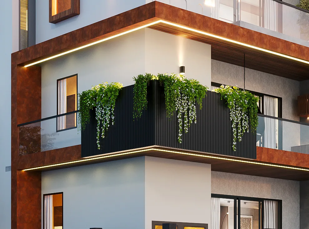 Close view of the same elevation: the planted balcony edge and its recessed cove light