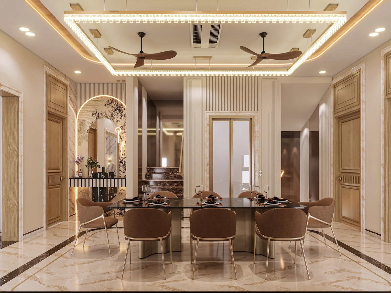 Dining room of The Neo Classical House, its ceiling, lighting and floor set out as one