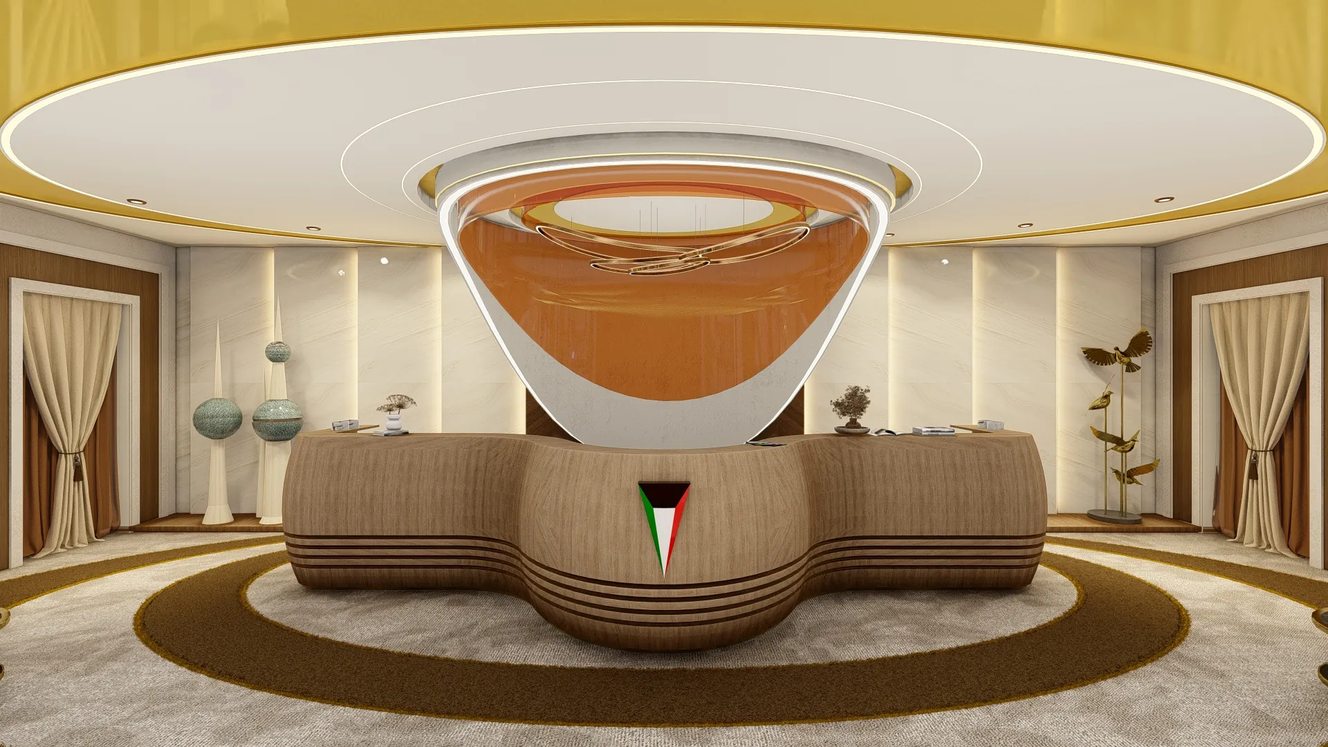 Embassy — reception, a curved timber desk under a sculpted ceiling