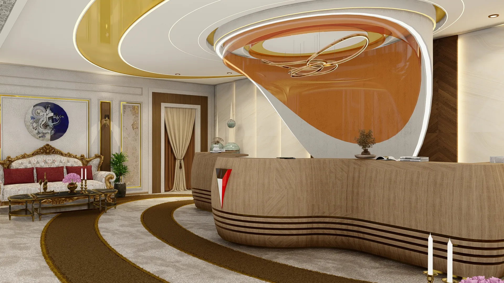 The Embassy reception, a curved desk under a sculpted ceiling
