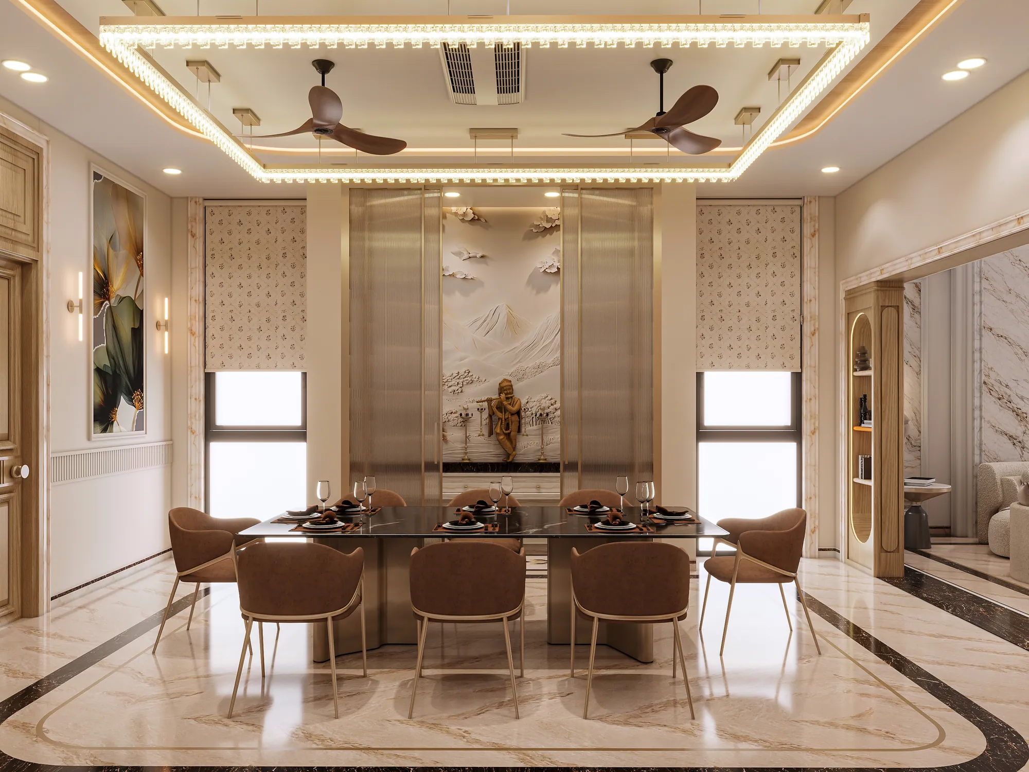 The Neo Classical House dining room, its ceiling, lighting and inlaid floor set out as one