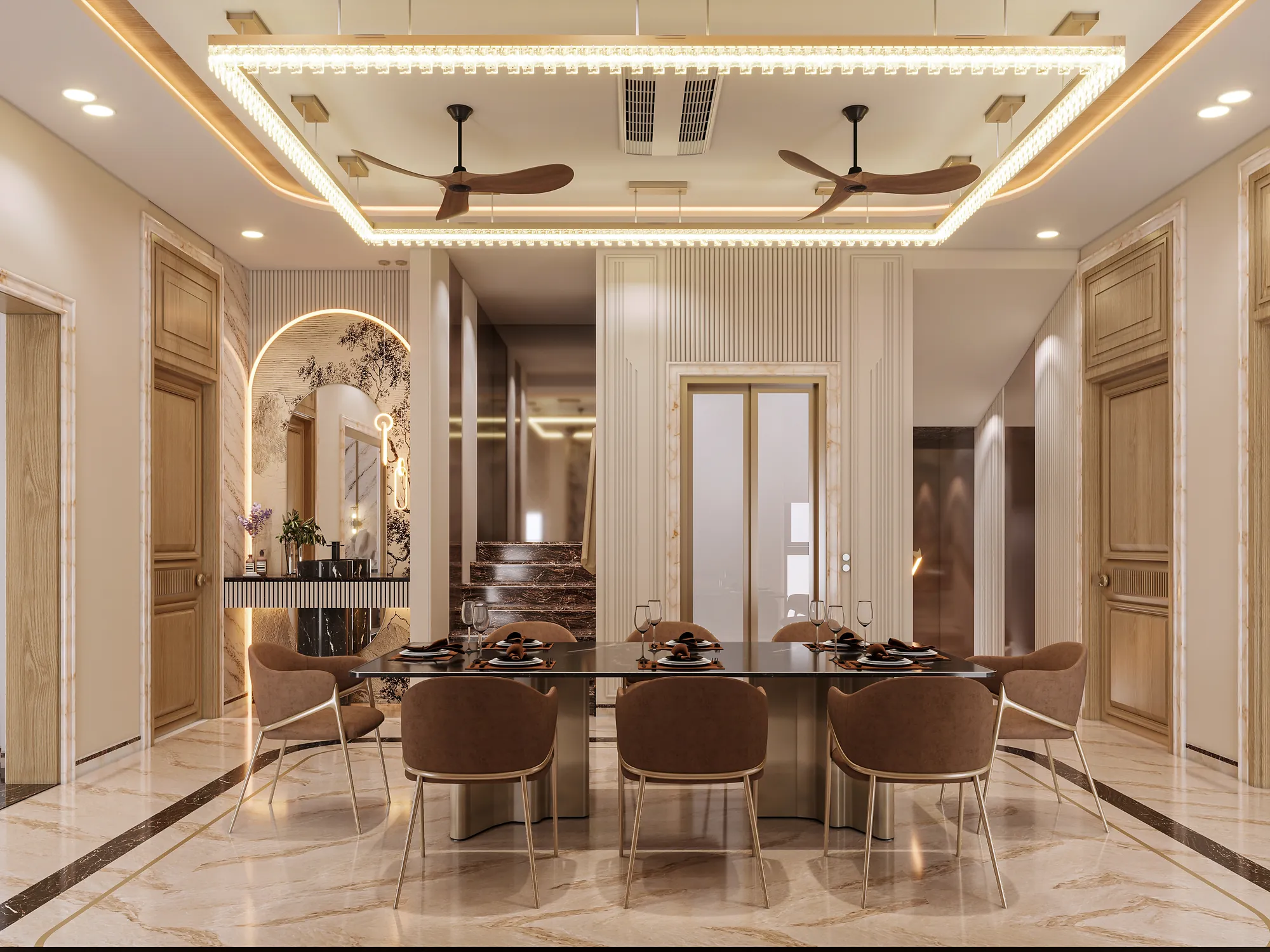 The Neo Classical House — dining room, an arched opening and the stair beyond