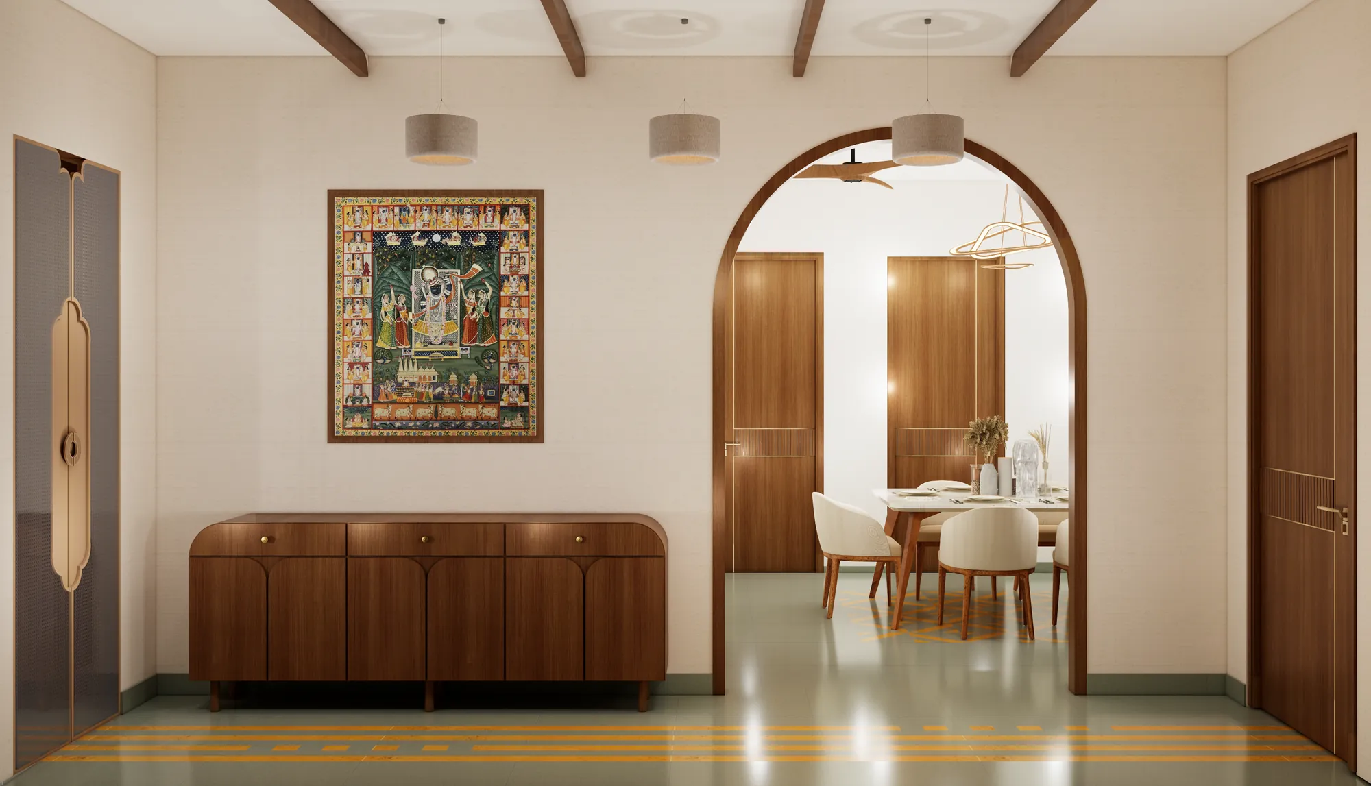 The Brick House first floor entry foyer, an arched opening framing the dining space