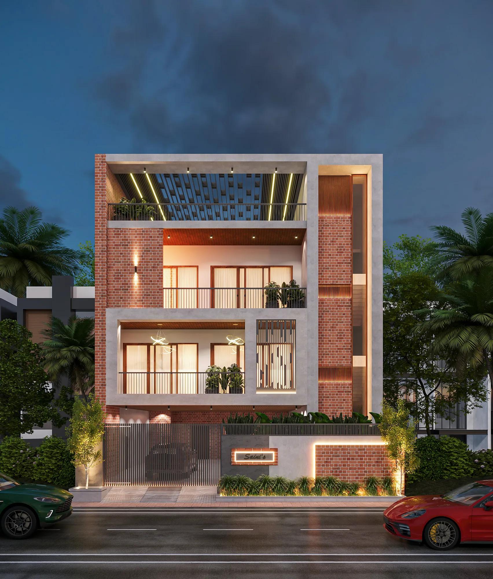 The Brick House — street elevation, exposed brick between deep concrete frames