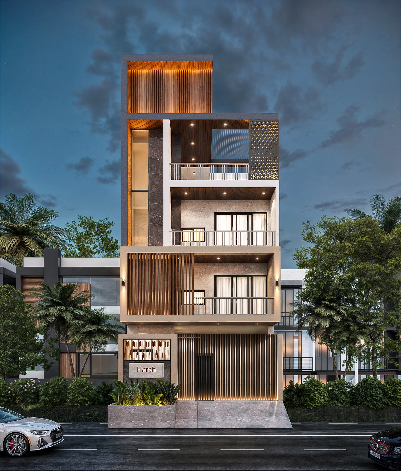 The Linear House street elevation, design render at dusk