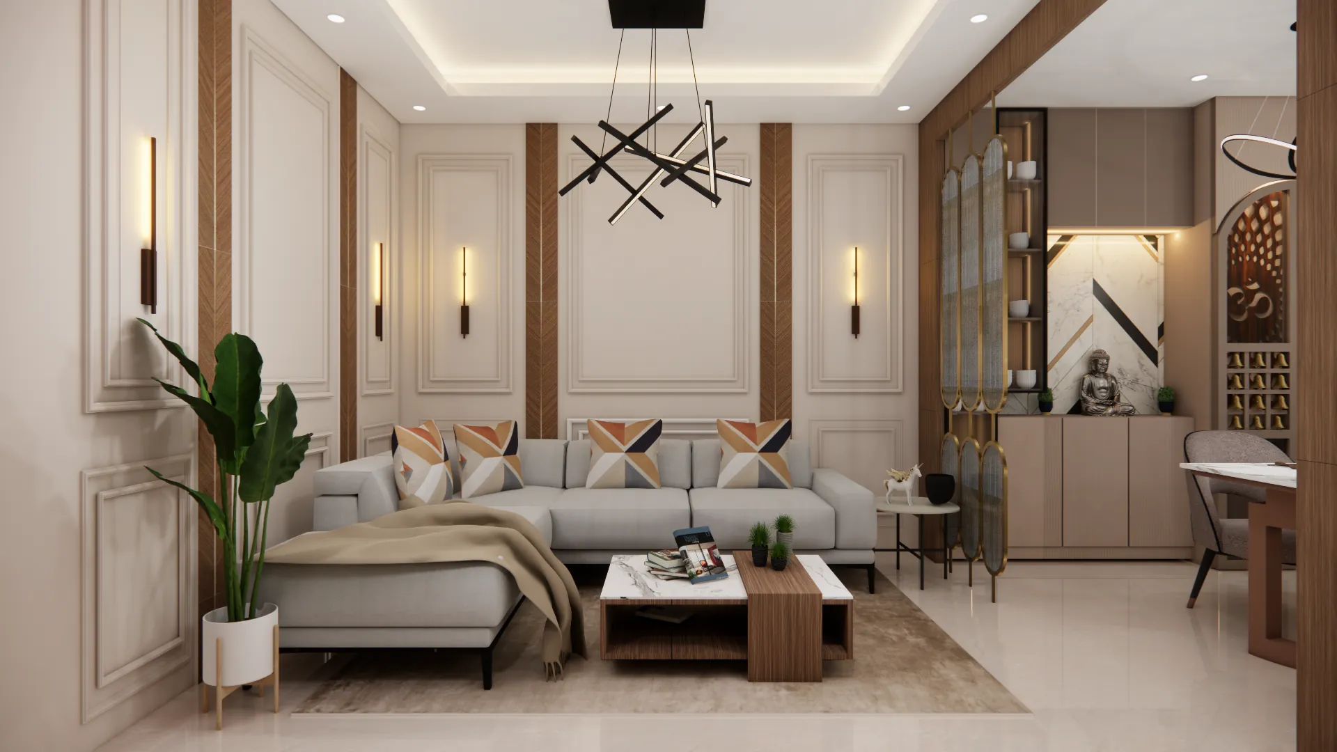 The Linear House living room, design render