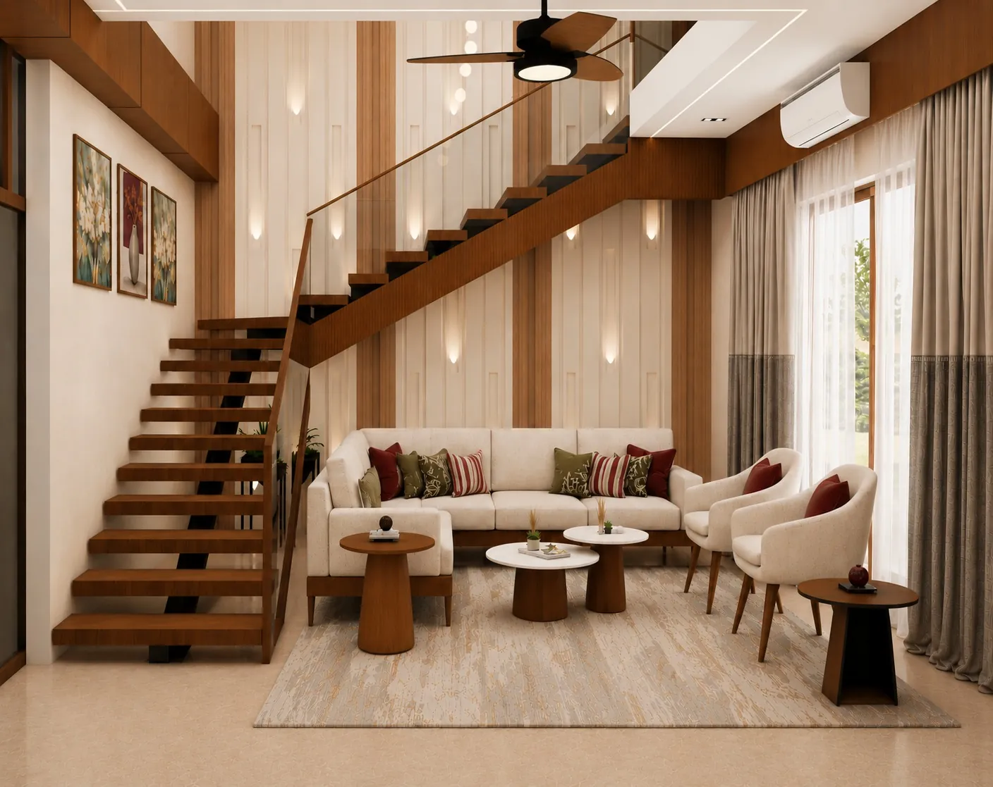 The Vertical House drawing room, an open timber stair rising beside it