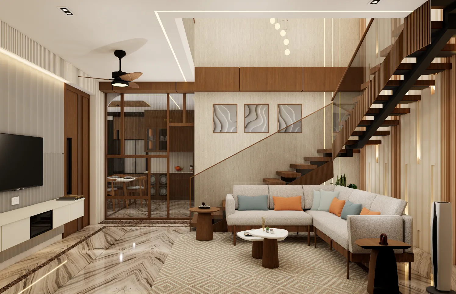 The living room and new stair at The Vertical House, a renovation of an existing home