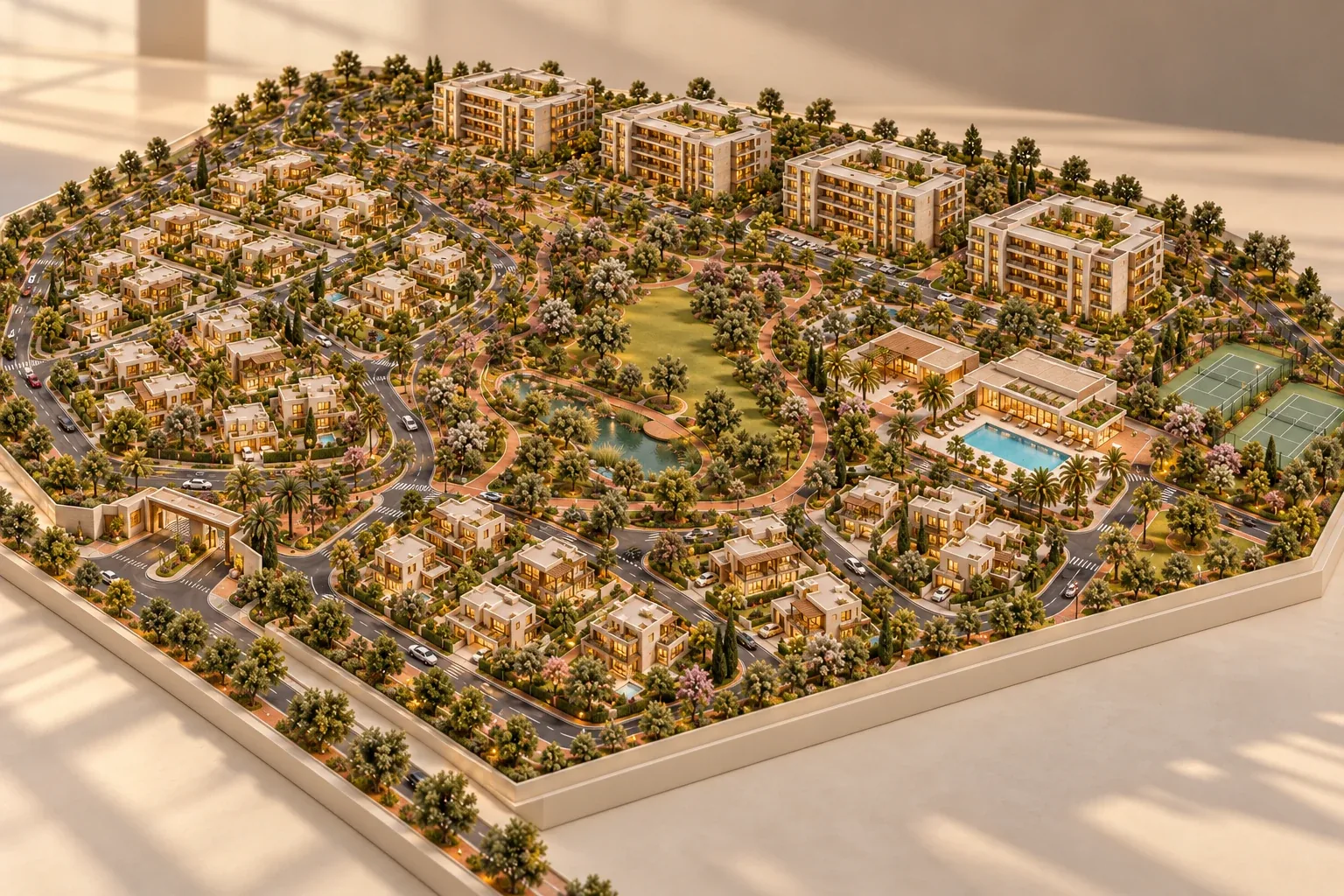 Model of a planned township at golden hour: villas and apartment blocks among tree-lined streets, parks, courts and a pool