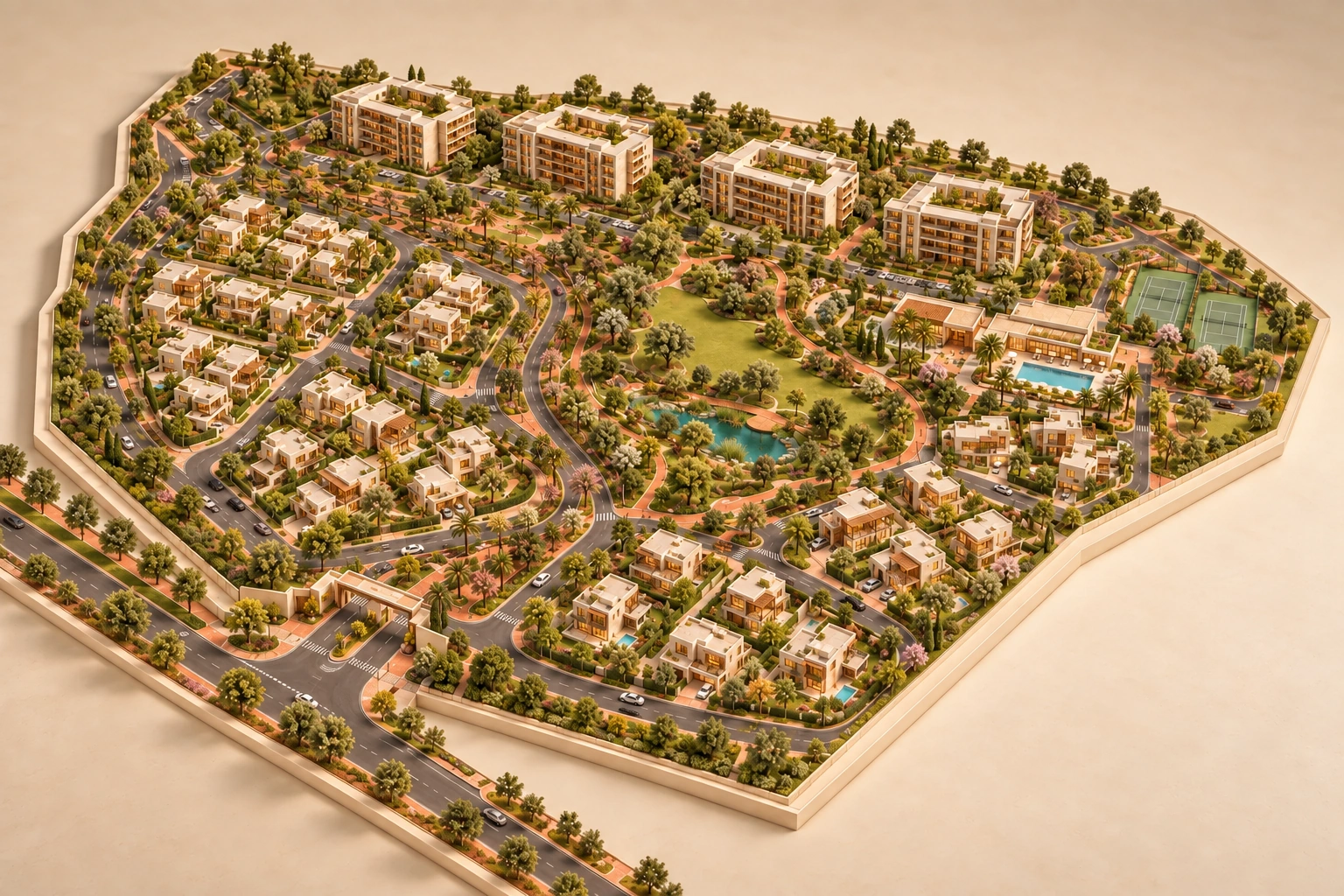 Illustrative 3D township model with detailed villas, apartment courtyards, connected streets, a central park, clubhouse and sports facilities