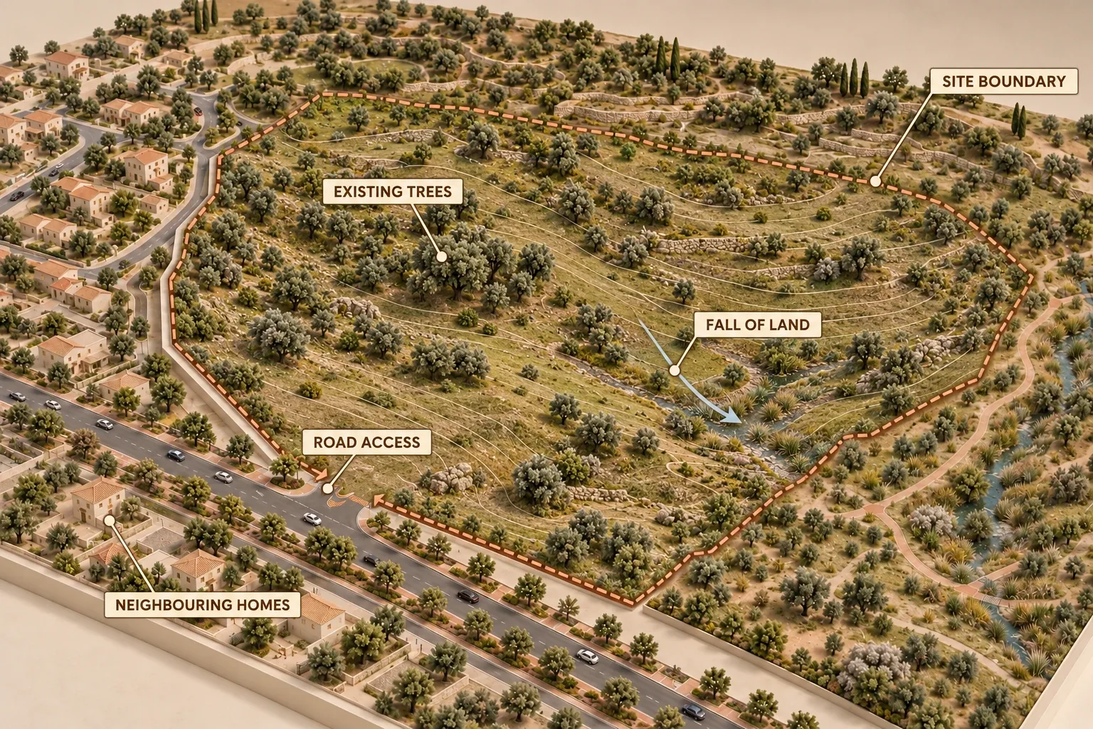 Illustrative township model showing surrounding streets, terrain and existing trees