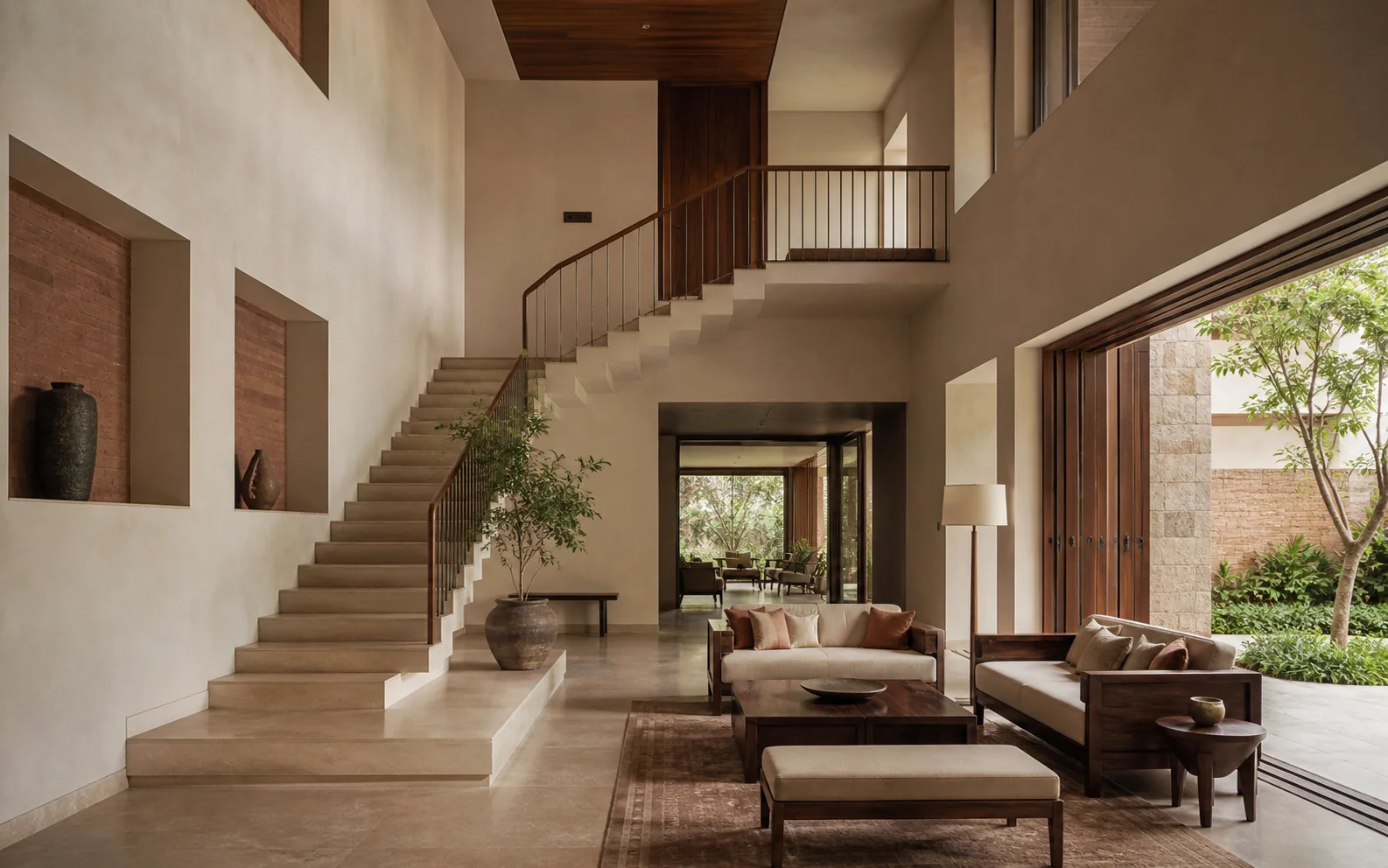A finished, furnished double-height stair hall