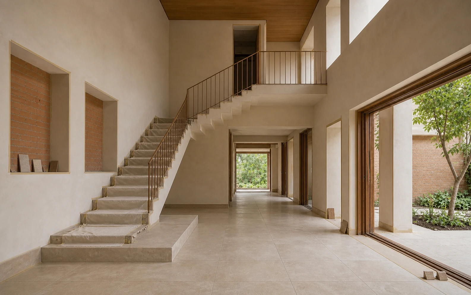 The same residence during finishing, with stone, plaster and timber installation in progress