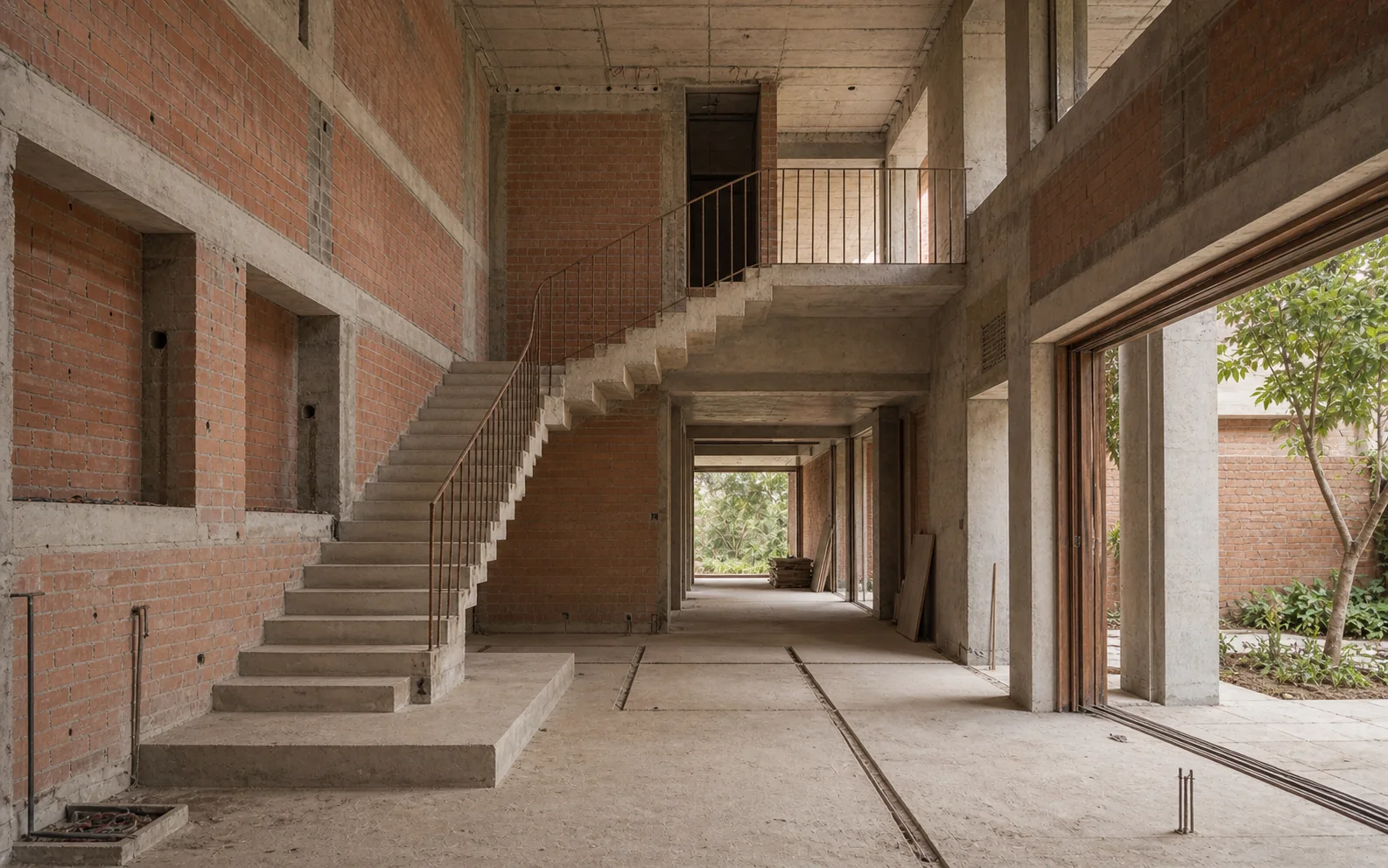 The same residence during construction, with exposed brick and concrete frame