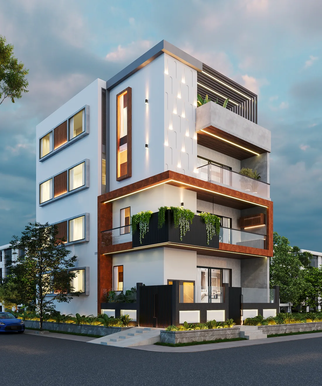 Design render of the Vertical House, rethought: white planes, timber-framed windows, a copper-toned band and planted balconies at dusk.