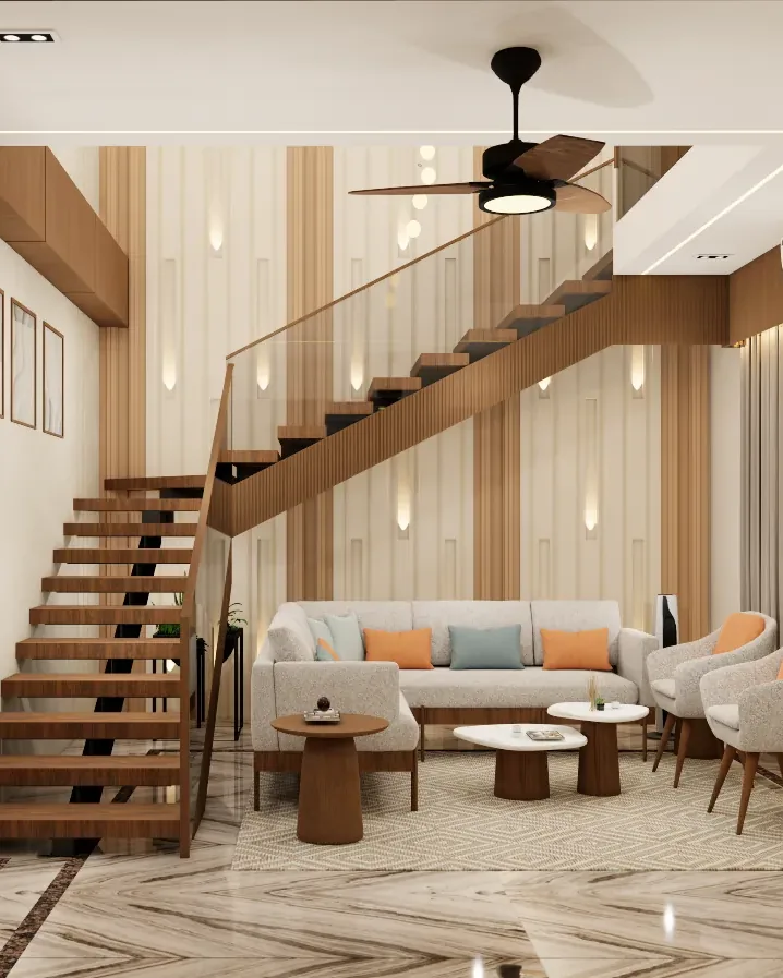 Design render of the Vertical House living room: an open timber stair with a glass balustrade rising past panelled walls, with a sofa and armchairs below.