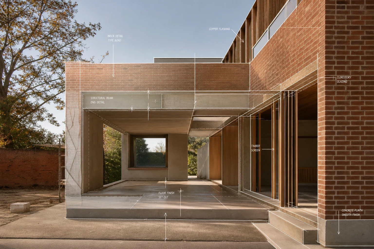 Controlled brick, concrete and timber construction aligned with technical drawing and inspection overlays