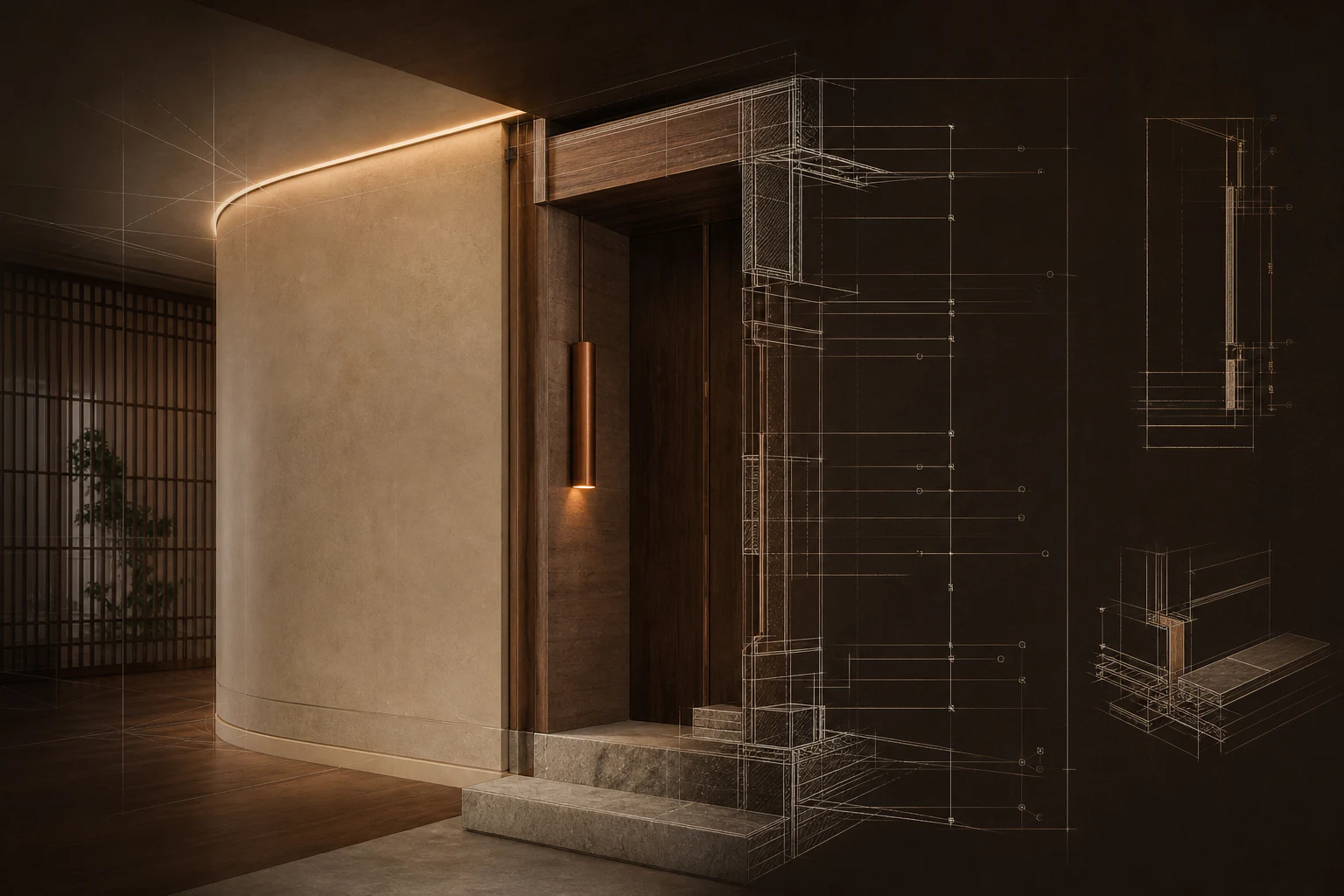 Warm architectural interior transitioning into technical sections, dimensions and construction details