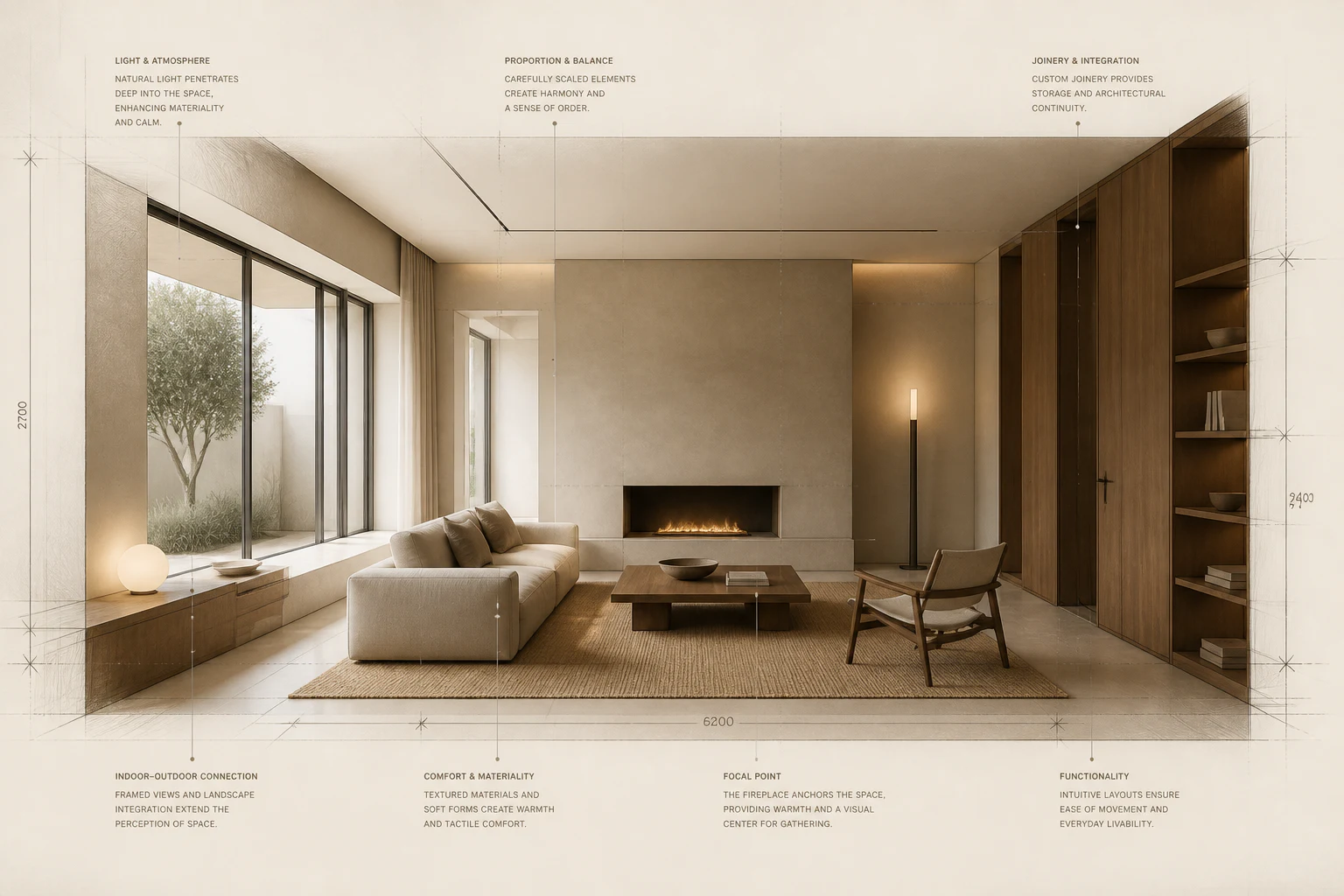 Resolved interior perspective with proportion and joinery annotations