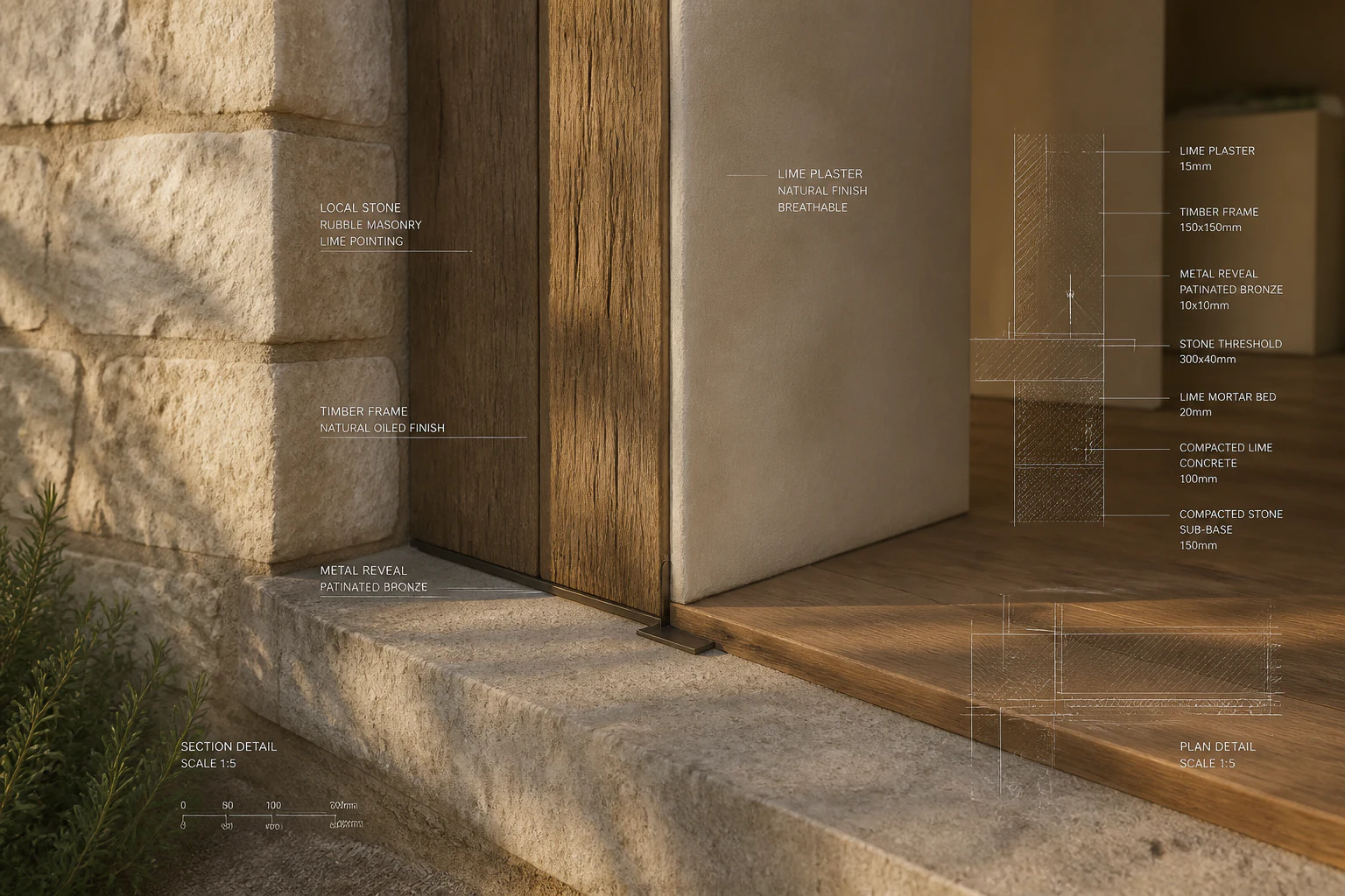 Buildable junction of stone, lime plaster, timber and metal with detail annotations